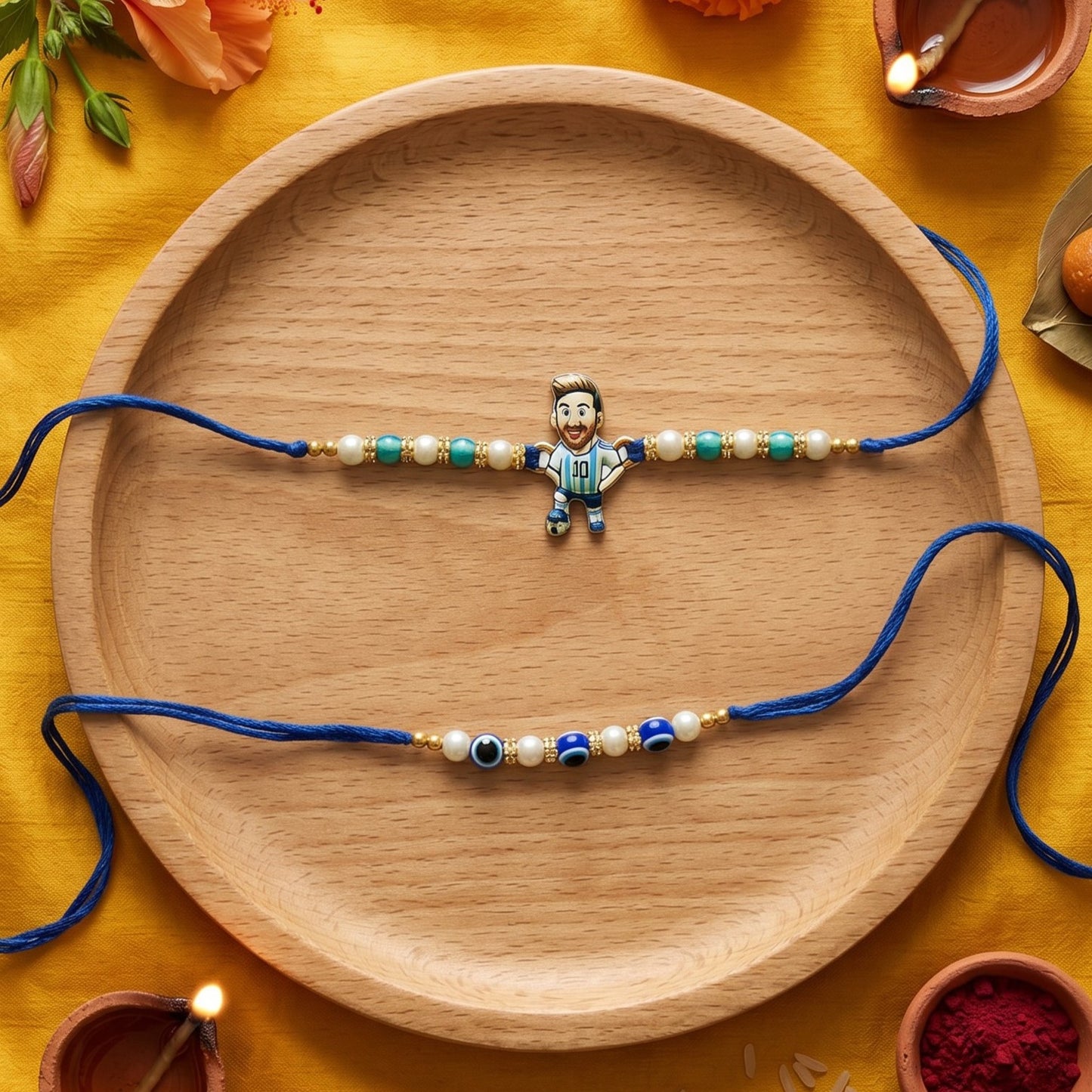 Ribbon Candy set of 2 Rakhi-Football Player Charm and Evil Eye Beads- Blue
