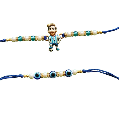 Ribbon Candy set of 2 Rakhi-Football Player Charm and Evil Eye Beads- Blue