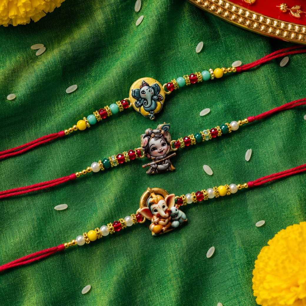 Ribbon Candy set of 3 Rakhi-Ganesha and Krishna Charms- Red