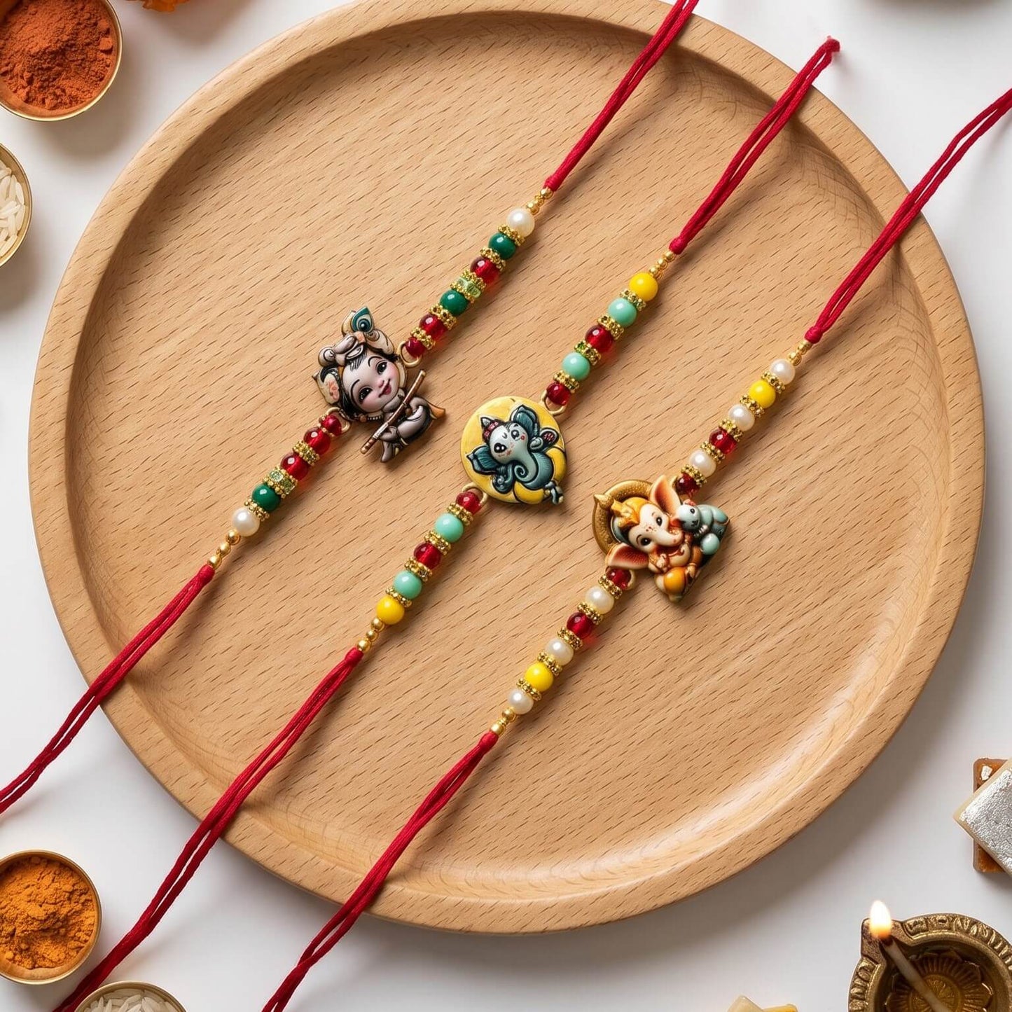 Ribbon Candy set of 3 Rakhi-Ganesha and Krishna Charms- Red