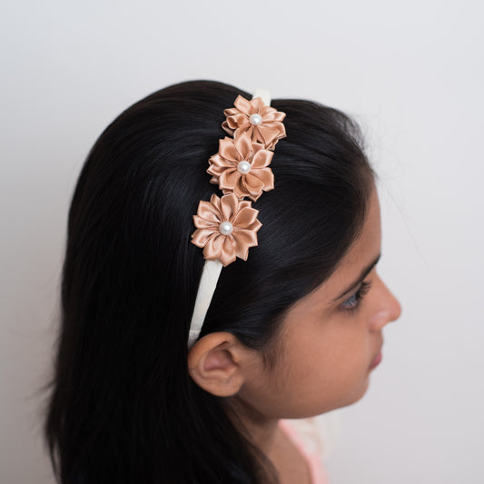 Triple Satin Flower Hairband with Pearls Detailing - Gold