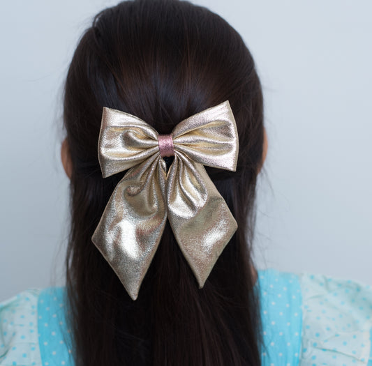 Cute Tissue Fabric Bow on Alligator Clip  - Gold
