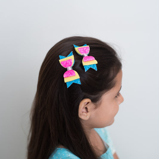 Fancy glitter bow on Alligator Pin- Blue, pink, yellow and Silver