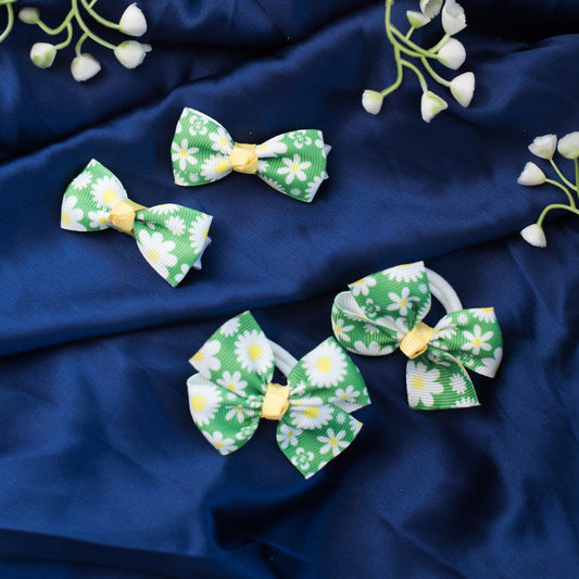 Combo: Floral printed bow on alligator clips and rubber bands - Green(Set of 2 pairs- 4 quantity)