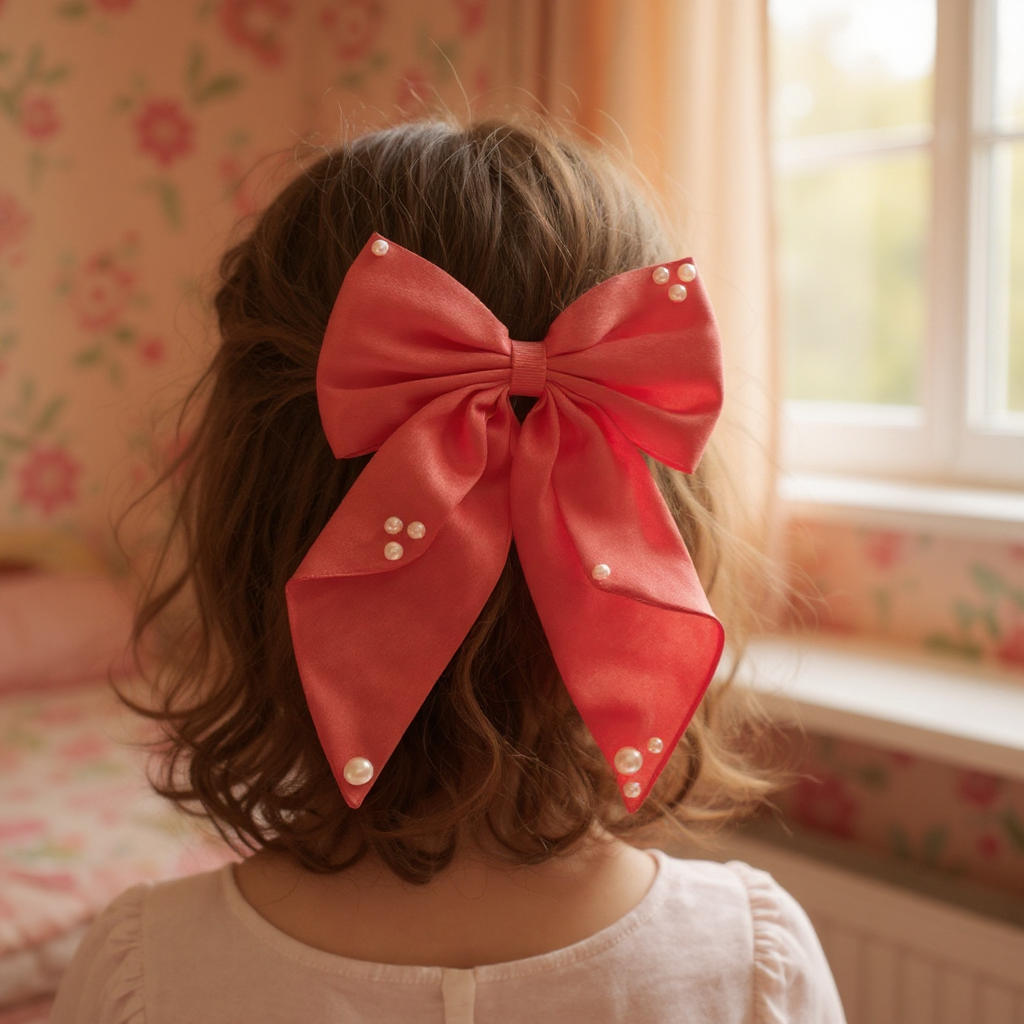 Big fancy satin bow on alligator clip embellished with pearls - Red