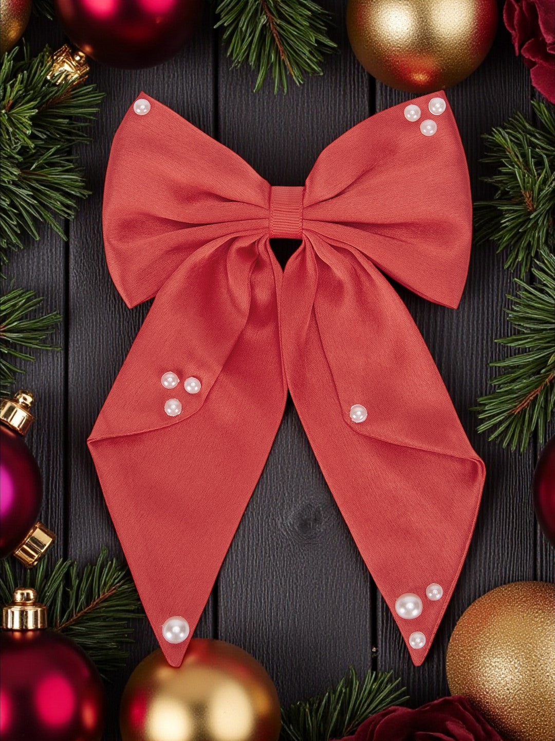 Big fancy satin bow on alligator clip embellished with pearls - Red