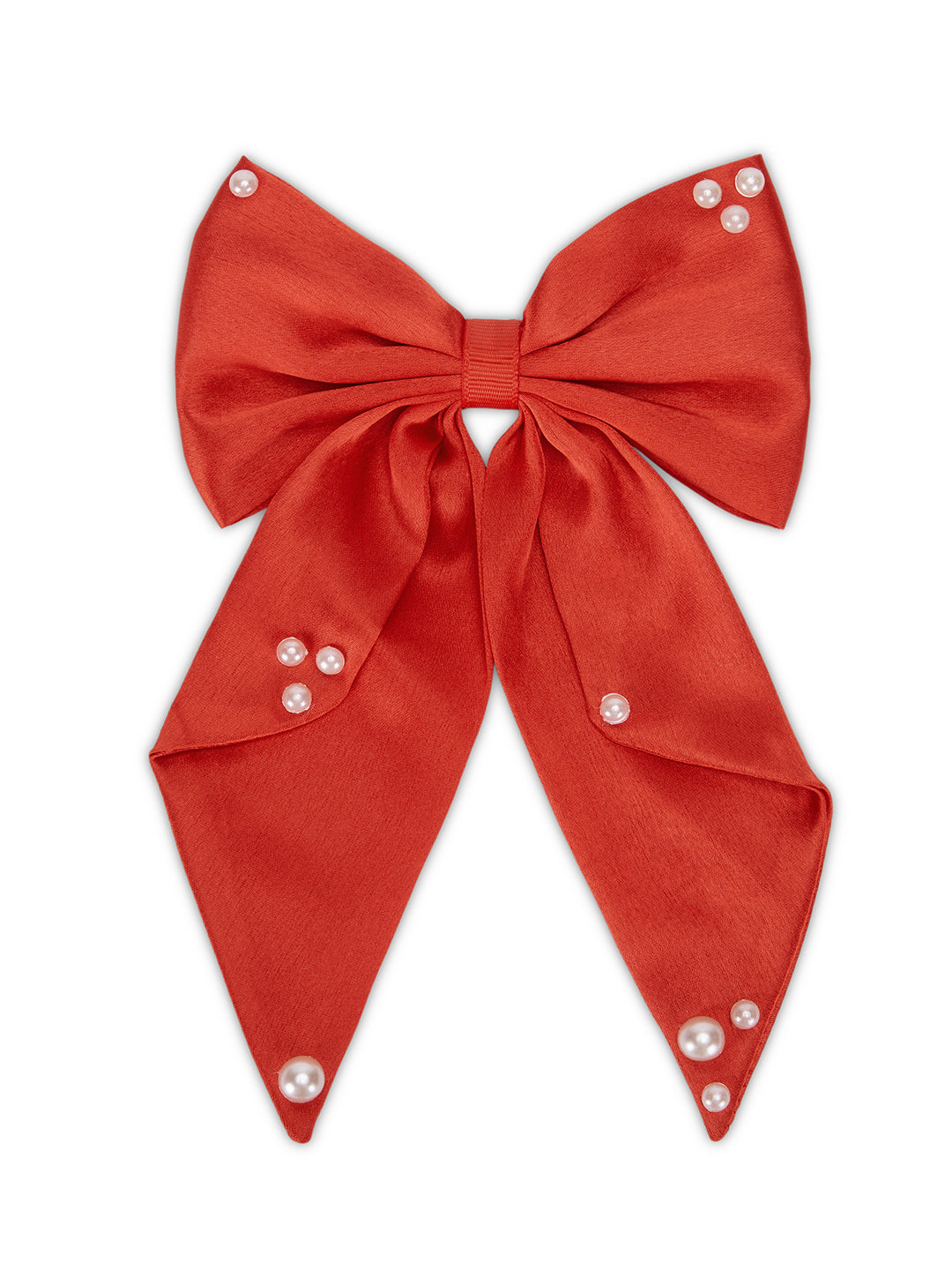 Big fancy satin bow on alligator clip embellished with pearls - Red