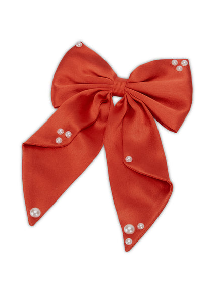 Big fancy satin bow on alligator clip embellished with pearls - Red