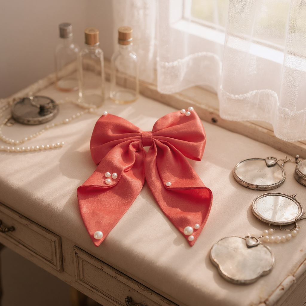 Big fancy satin bow on alligator clip embellished with pearls - Red