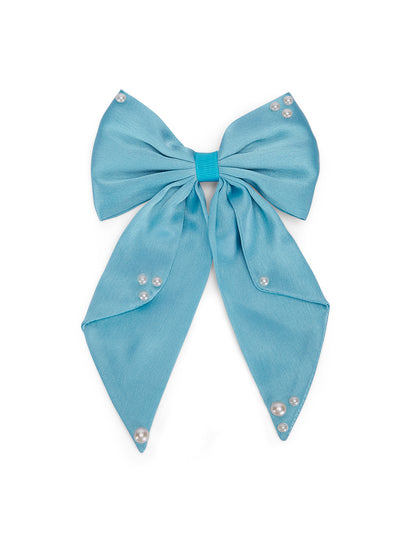 Big fancy satin bow on alligator clip embellished with pearls - Blue