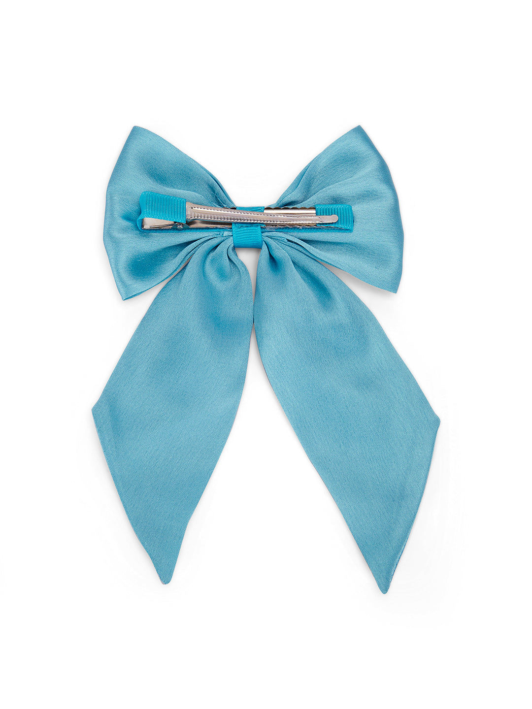 Big fancy satin bow on alligator clip embellished with pearls - Blue