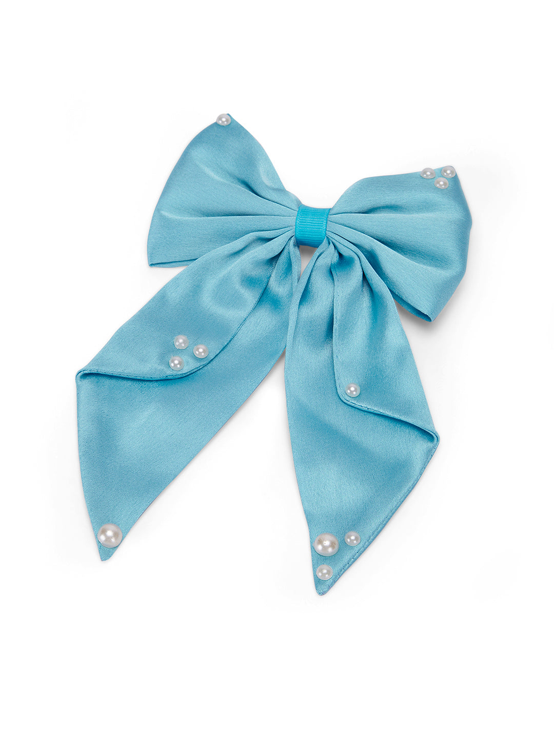 Big fancy satin bow on alligator clip embellished with pearls - Blue