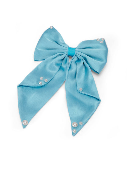 Big fancy satin bow on alligator clip embellished with pearls - Blue