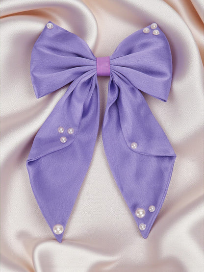 Big fancy satin bow on alligator clip embellished with pearls - Purple