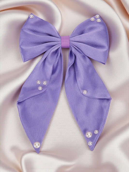 Big fancy satin bow on alligator clip embellished with pearls - Purple