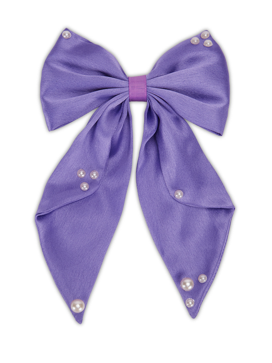 Big fancy satin bow on alligator clip embellished with pearls - Purple