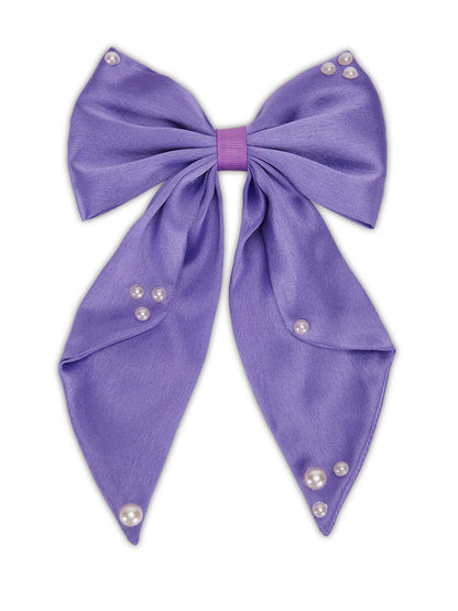 Big fancy satin bow on alligator clip embellished with pearls - Purple