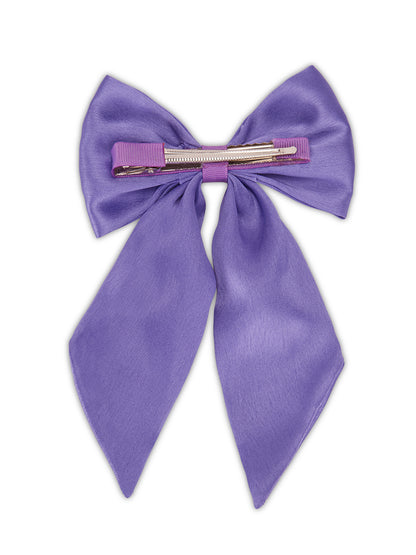 Big fancy satin bow on alligator clip embellished with pearls - Purple
