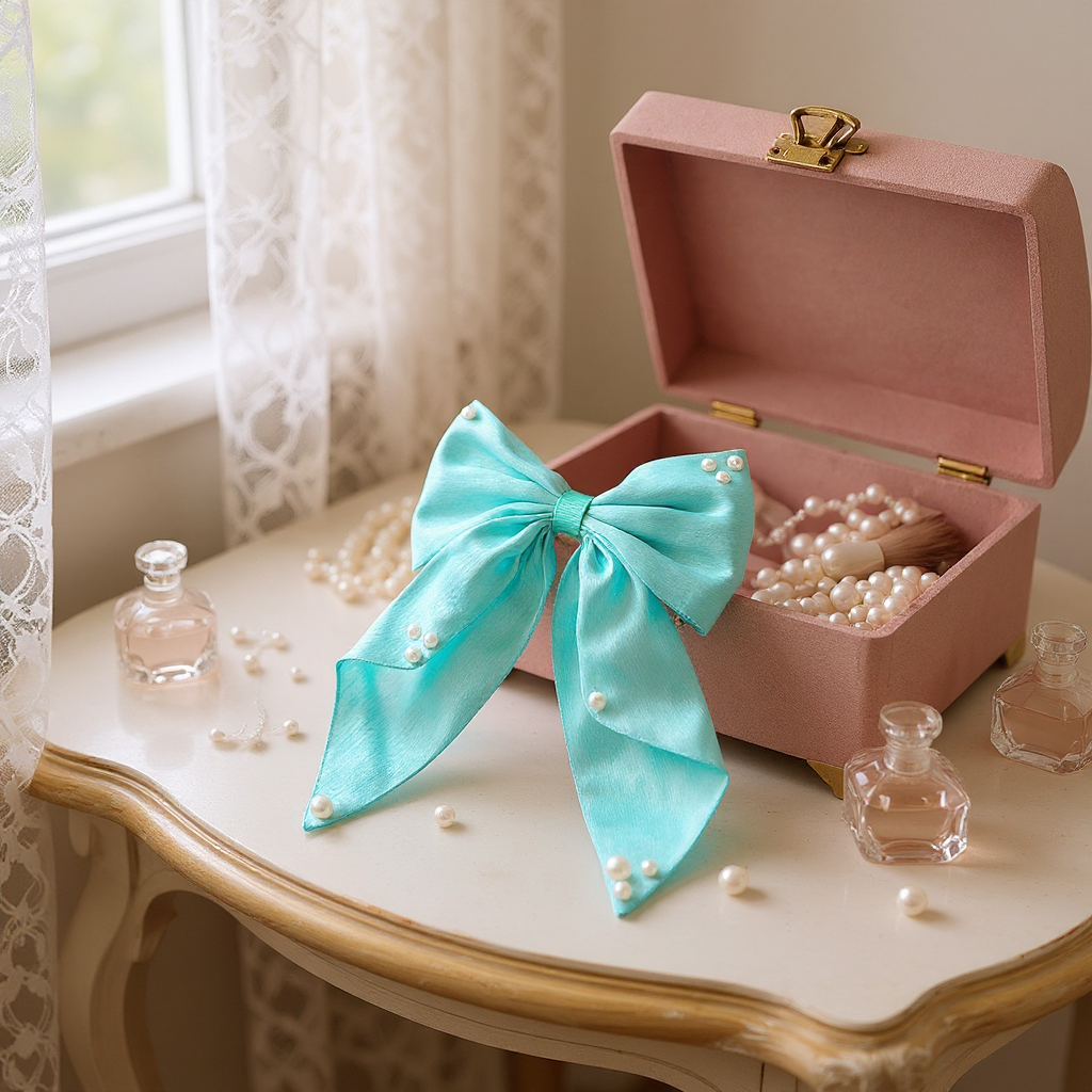 Big fancy satin bow on alligator clip embellished with pearls - Sea Green