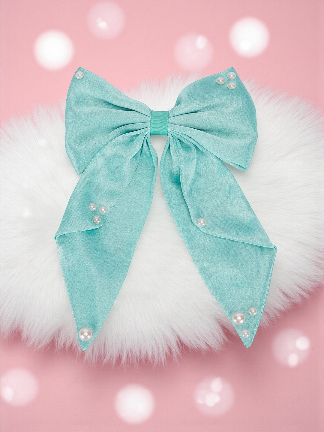 Big fancy satin bow on alligator clip embellished with pearls - Sea Green