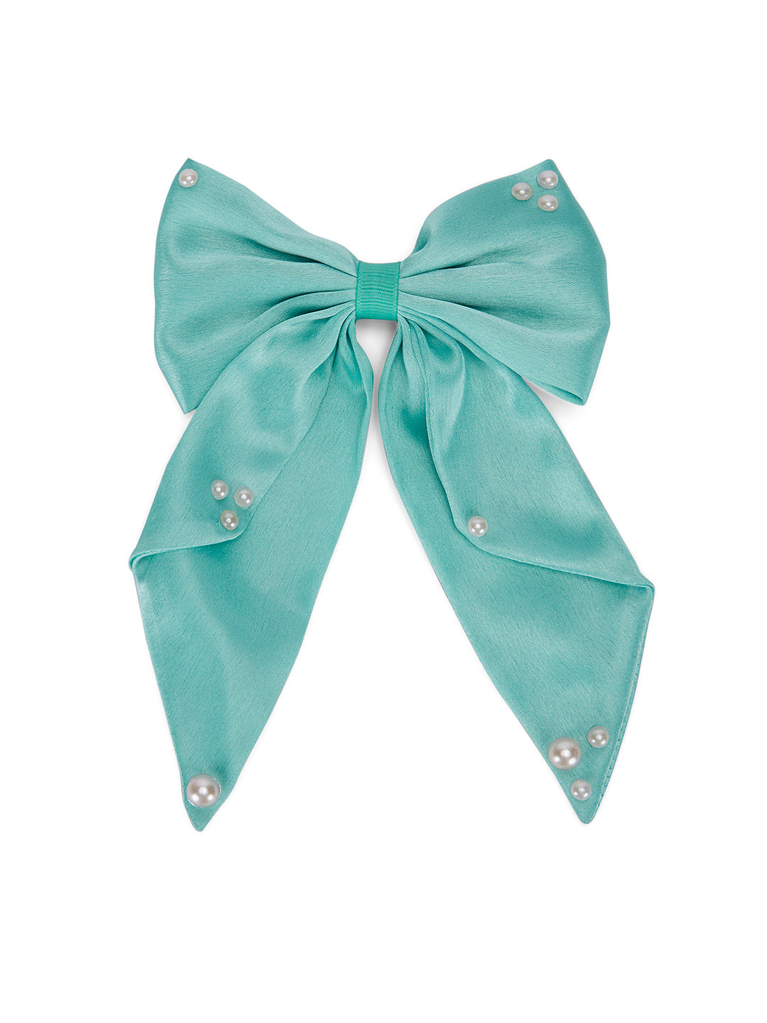Big fancy satin bow on alligator clip embellished with pearls - Sea Green