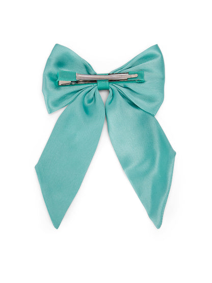 Big fancy satin bow on alligator clip embellished with pearls - Sea Green