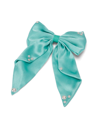 Big fancy satin bow on alligator clip embellished with pearls - Sea Green