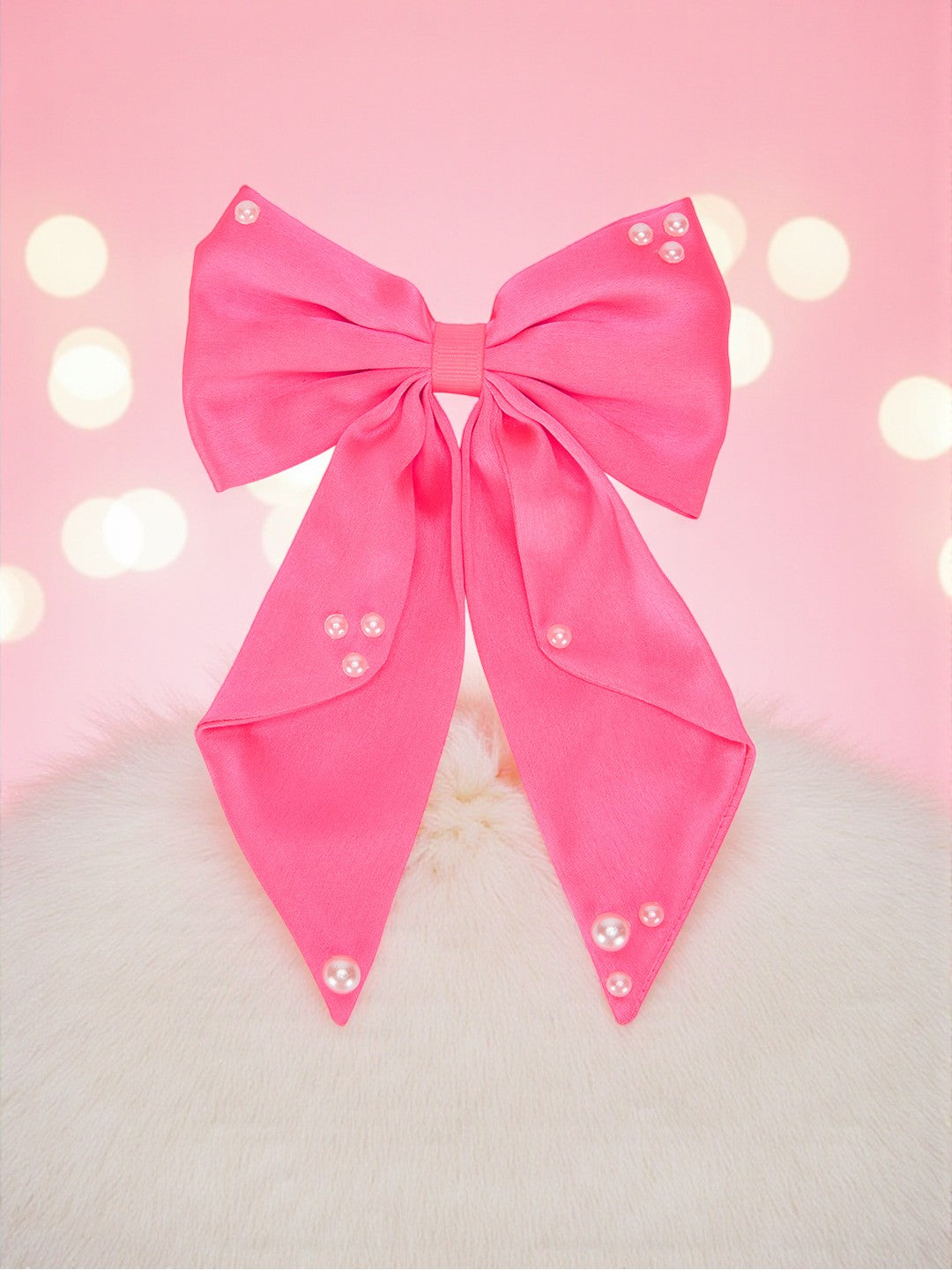 Big fancy satin bow on alligator clip embellished with pearls - Fluorescent pink