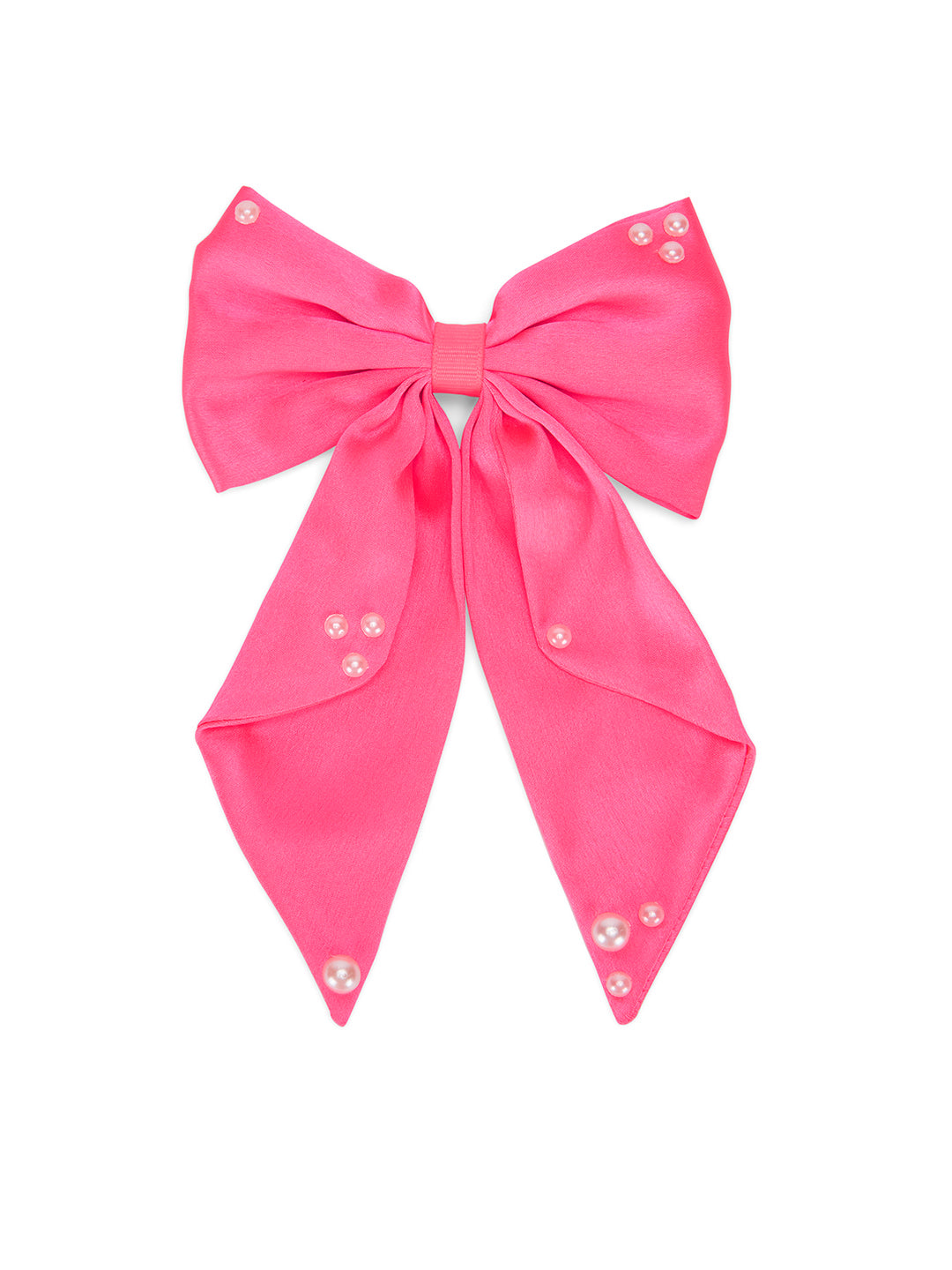Big fancy satin bow on alligator clip embellished with pearls - Fluorescent pink