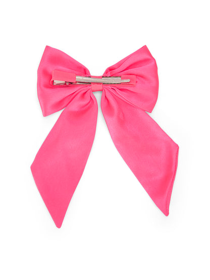 Big fancy satin bow on alligator clip embellished with pearls - Fluorescent pink
