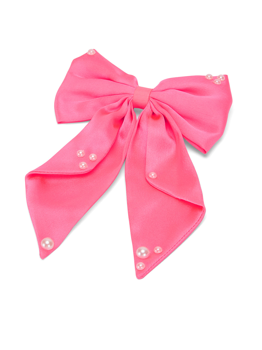 Big fancy satin bow on alligator clip embellished with pearls - Fluorescent pink