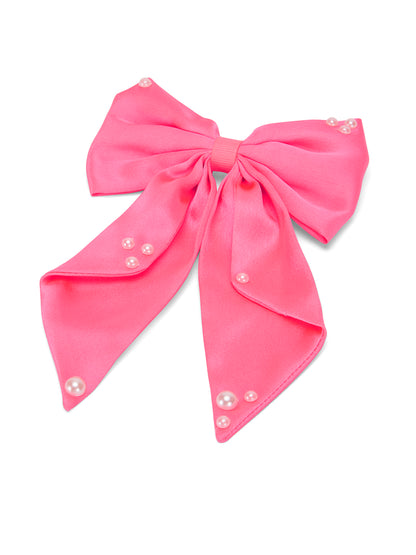 Big fancy satin bow on alligator clip embellished with pearls - Fluorescent pink