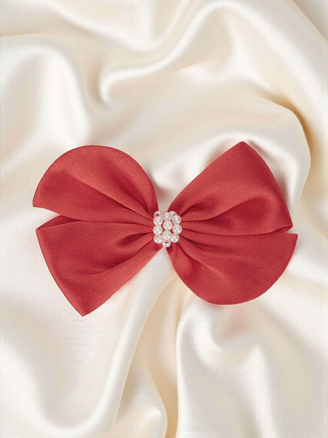 Pearl Detailed Cute Satin Bow on Alligator clip - Red
