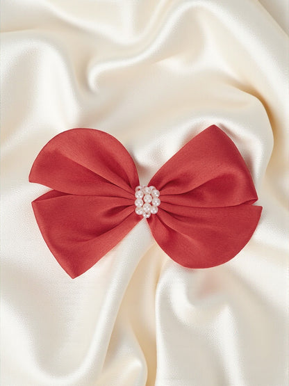Pearl Detailed Cute Satin Bow on Alligator clip - Red