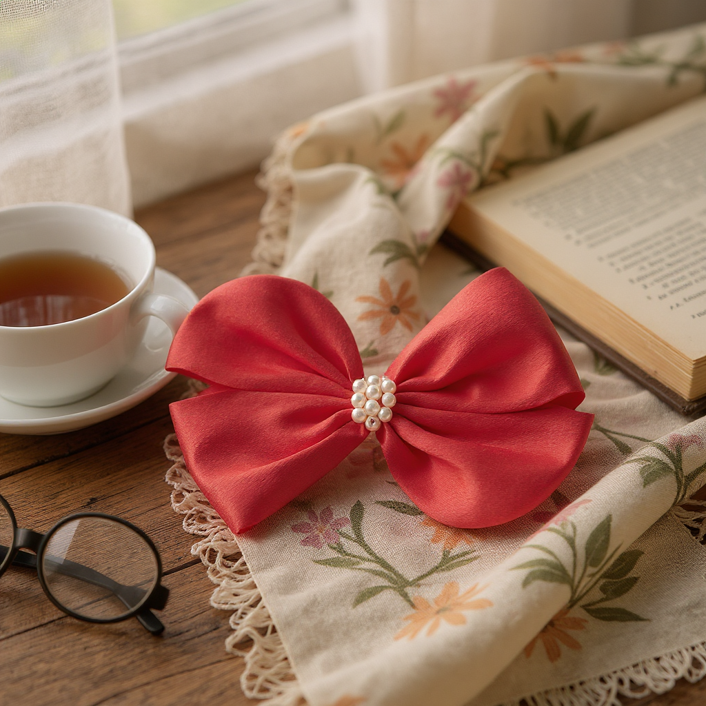 Pearl Detailed Cute Satin Bow on Alligator clip - Red