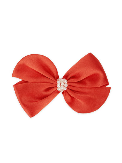 Pearl Detailed Cute Satin Bow on Alligator clip - Red