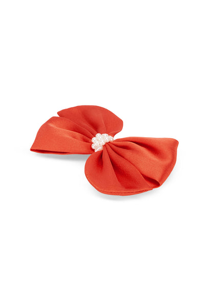 Pearl Detailed Cute Satin Bow on Alligator clip - Red