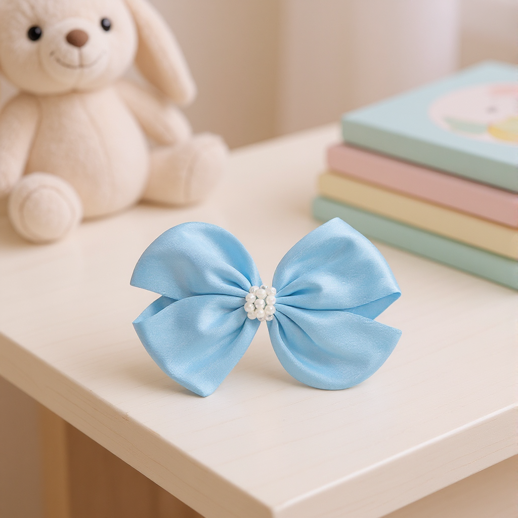 Pearl Detailed Cute Satin Bow on Alligator clip - Blue