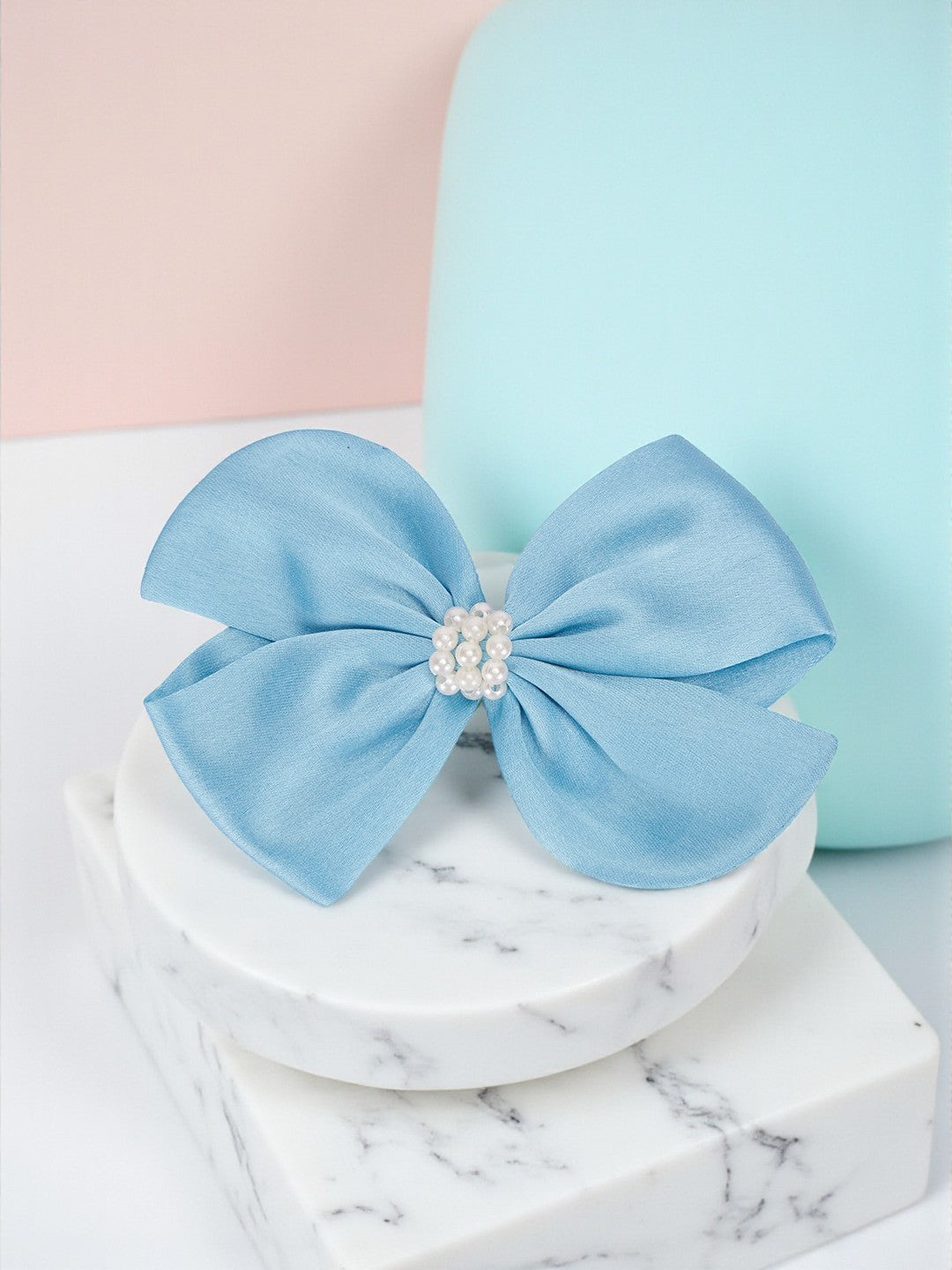 Pearl Detailed Cute Satin Bow on Alligator clip - Blue