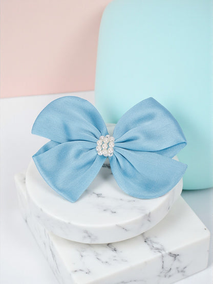 Pearl Detailed Cute Satin Bow on Alligator clip - Blue