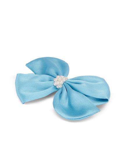 Pearl Detailed Cute Satin Bow on Alligator clip - Blue