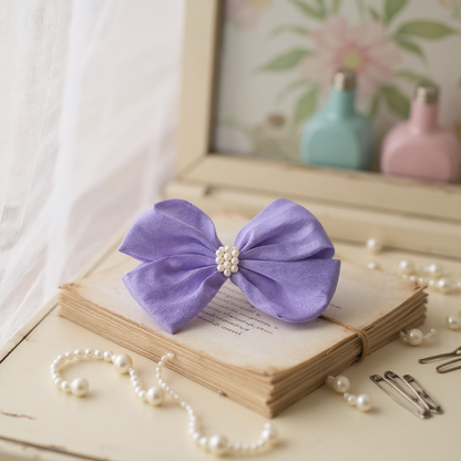 Pearl Detailed Cute Satin Bow on Alligator clip - Purple
