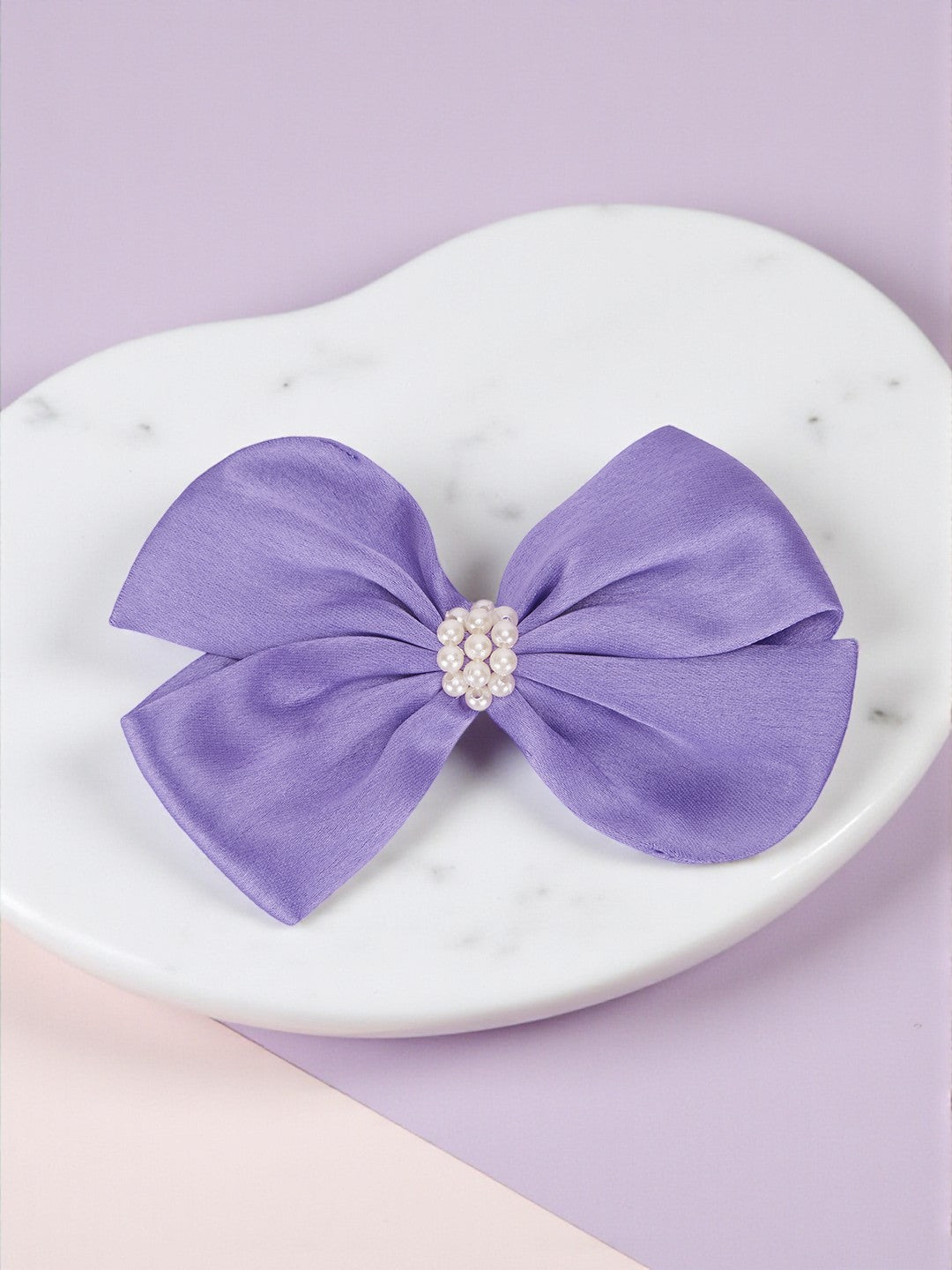 Pearl Detailed Cute Satin Bow on Alligator clip - Purple