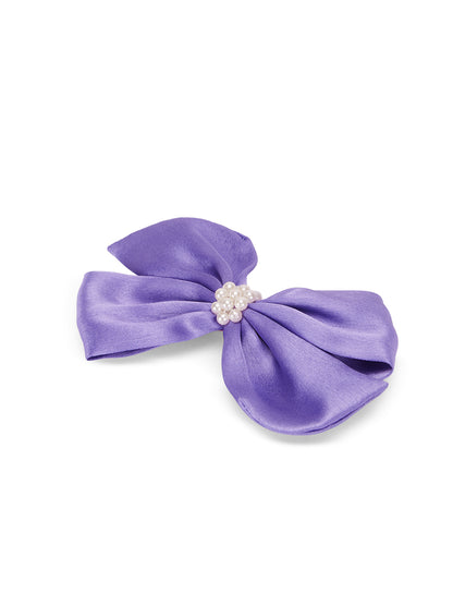 Pearl Detailed Cute Satin Bow on Alligator clip - Purple