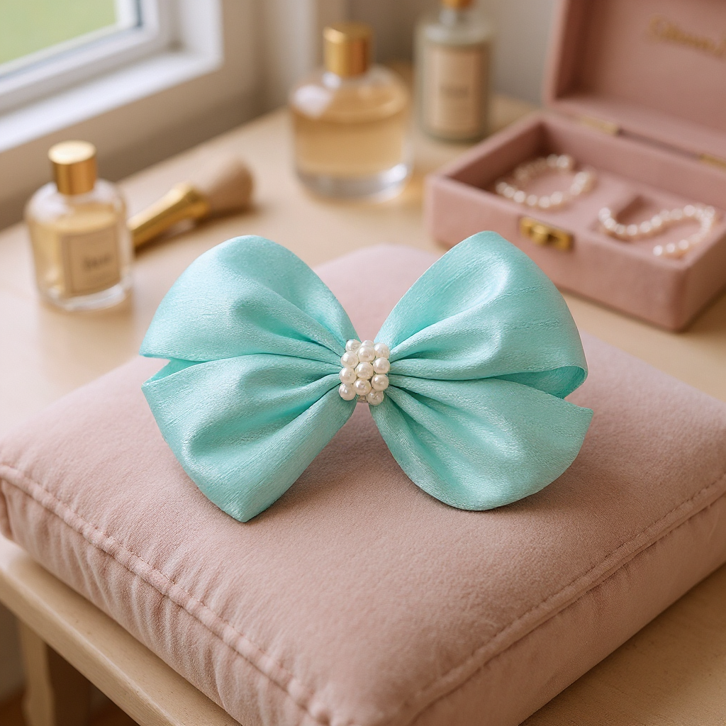 Pearl Detailed Cute Satin Bow on Alligator clip - Sea Green
