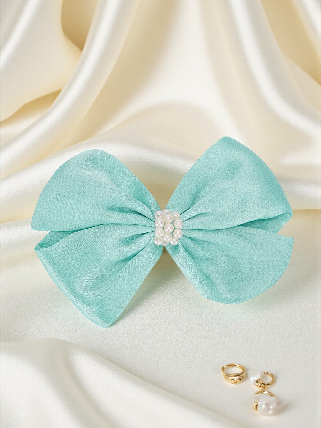 Pearl Detailed Cute Satin Bow on Alligator clip - Sea Green