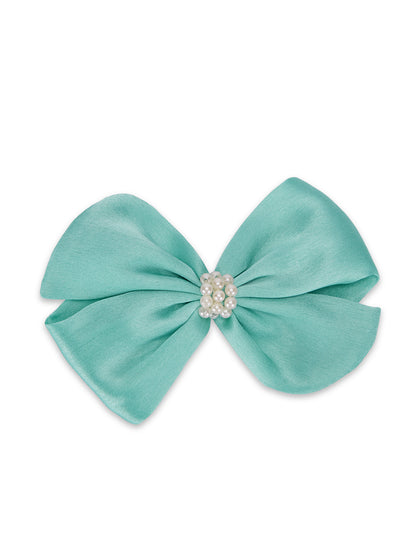 Pearl Detailed Cute Satin Bow on Alligator clip - Sea Green