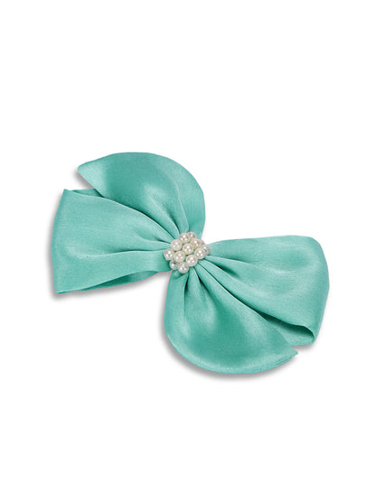 Pearl Detailed Cute Satin Bow on Alligator clip - Sea Green