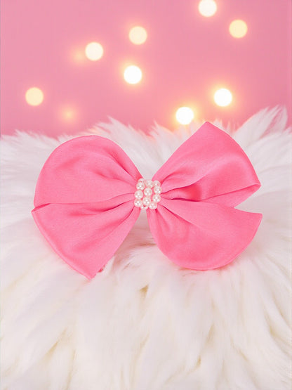 Pearl Detailed Cute Satin Bow on Alligator clip - Fluorescen pink