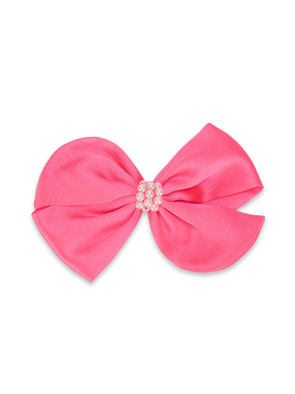 Pearl Detailed Cute Satin Bow on Alligator clip - Fluorescen pink